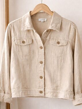 Calligraphie Anthro Linen Jacket Shacket XL Beige Frayed Raw Hem Button Front